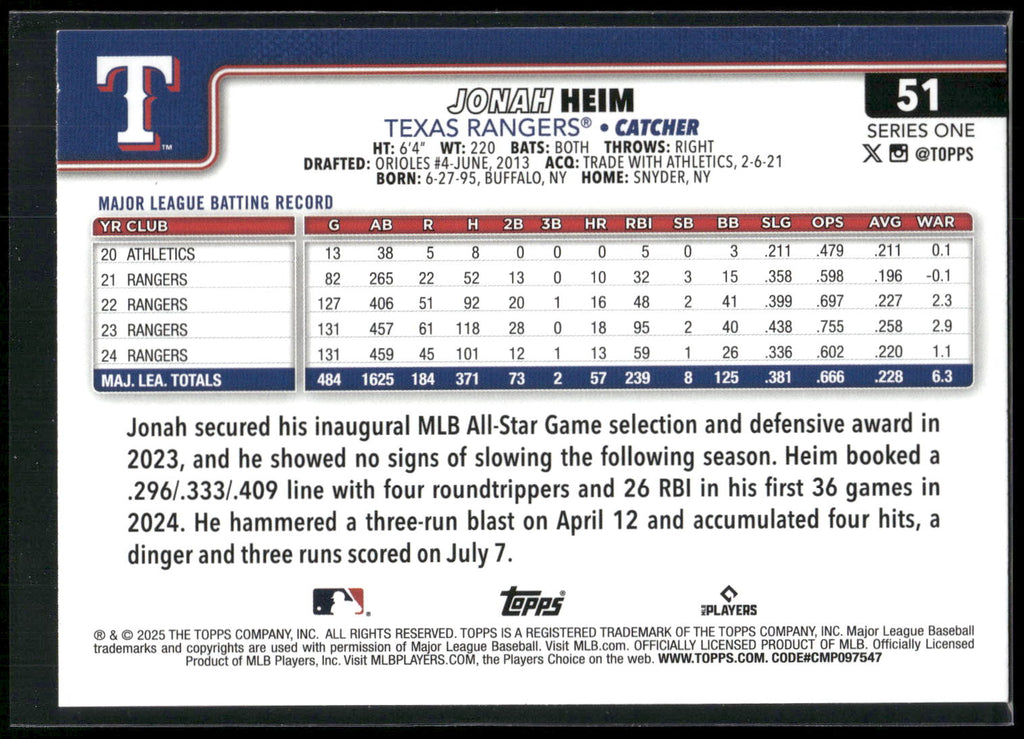 2025 Topps #51 Jonah Heim Diamante Foil