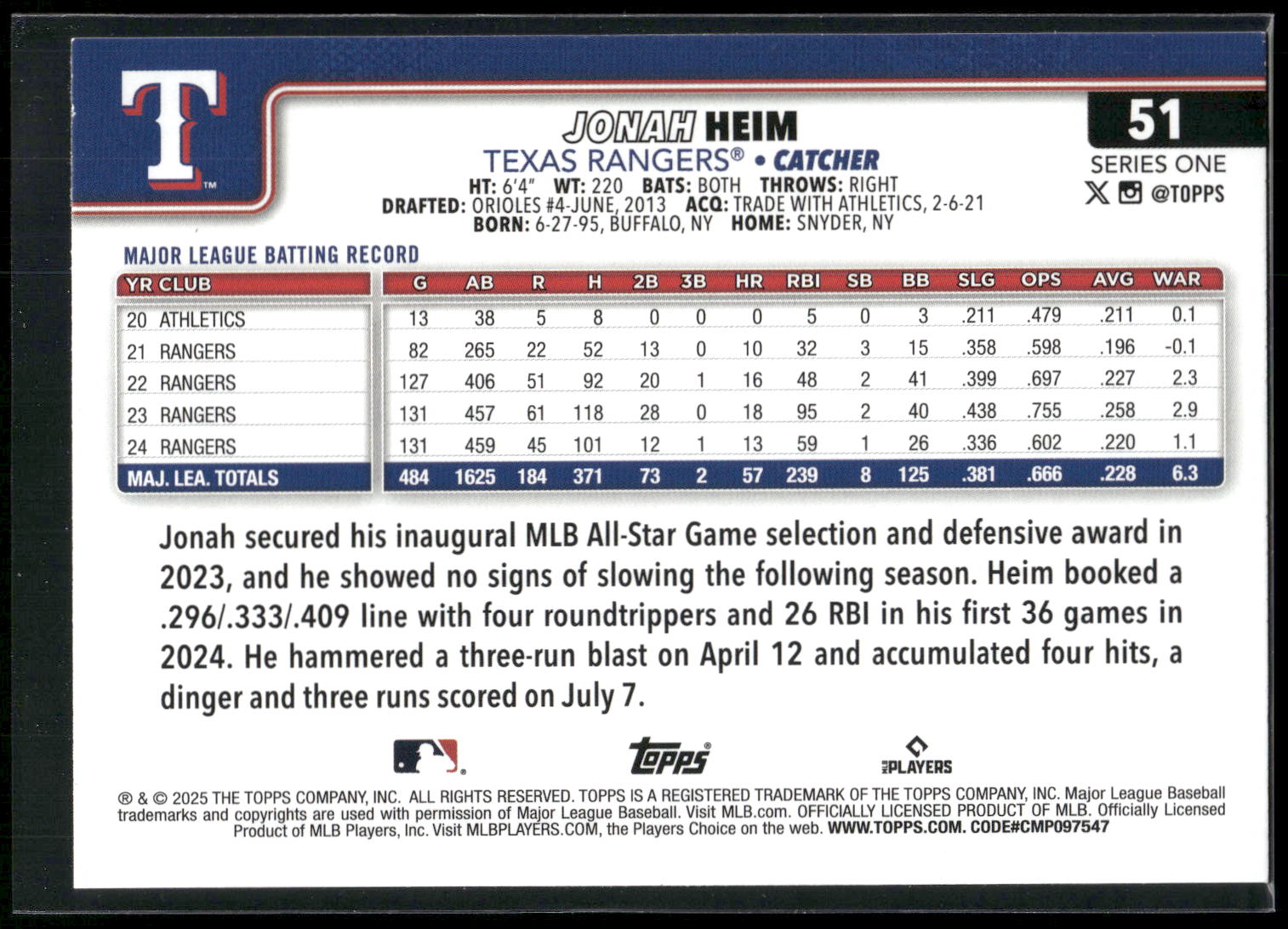 2025 Topps #51 Jonah Heim Diamante Foil