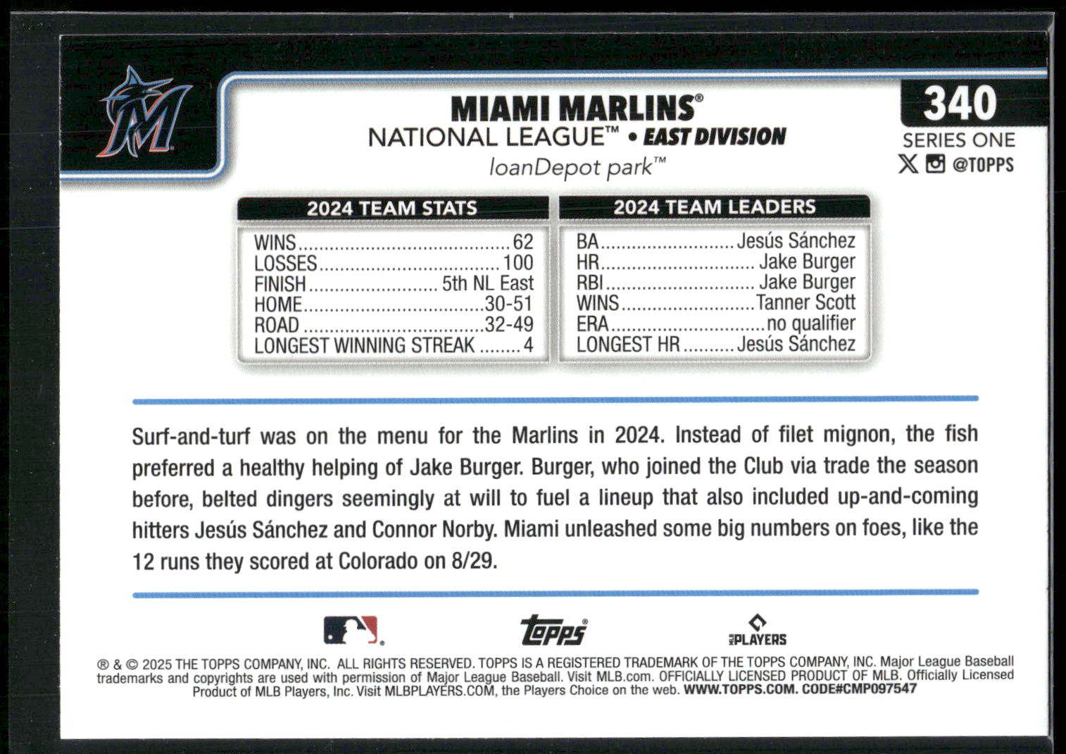 2025 Topps #340 Miami Marlins Diamante Foil