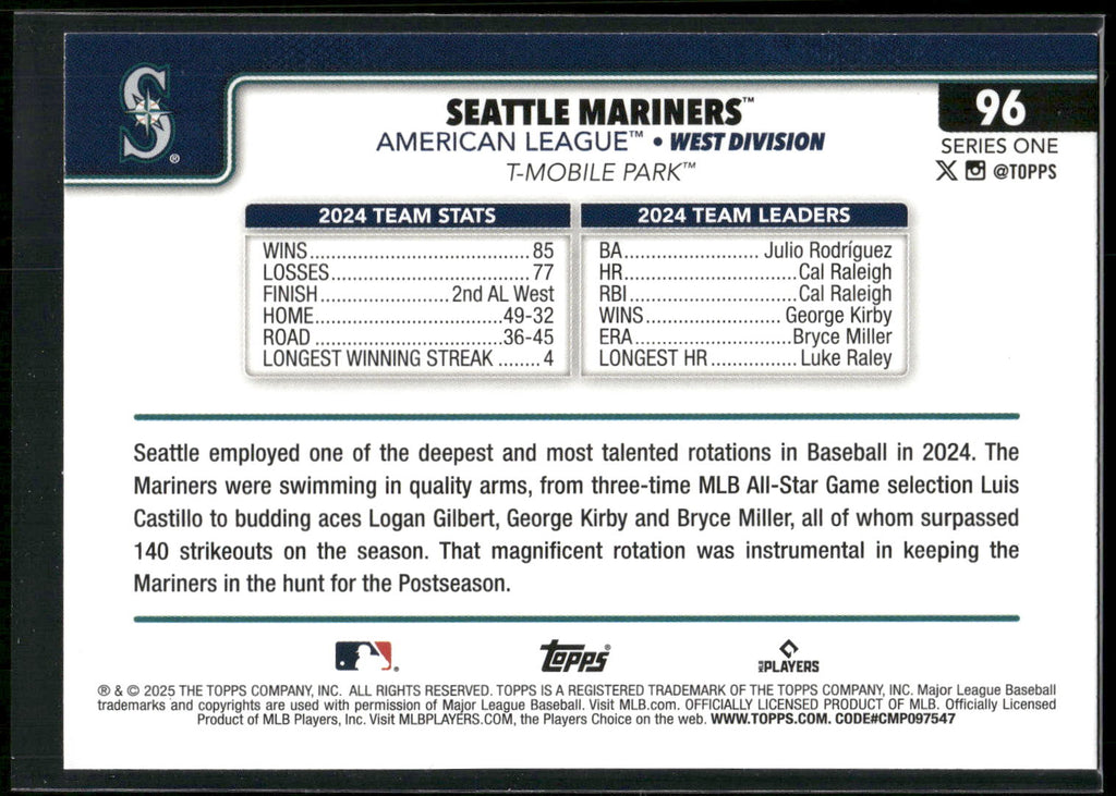 2025 Topps #96 Seattle Mariners Diamante Foil