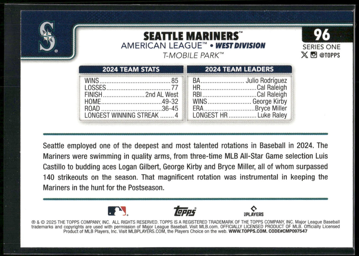 2025 Topps #96 Seattle Mariners Diamante Foil