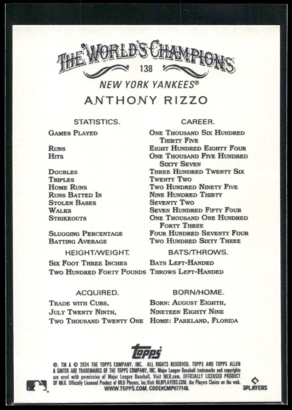 2024 Topps Allen & Ginter #138 Anthony Rizzo
