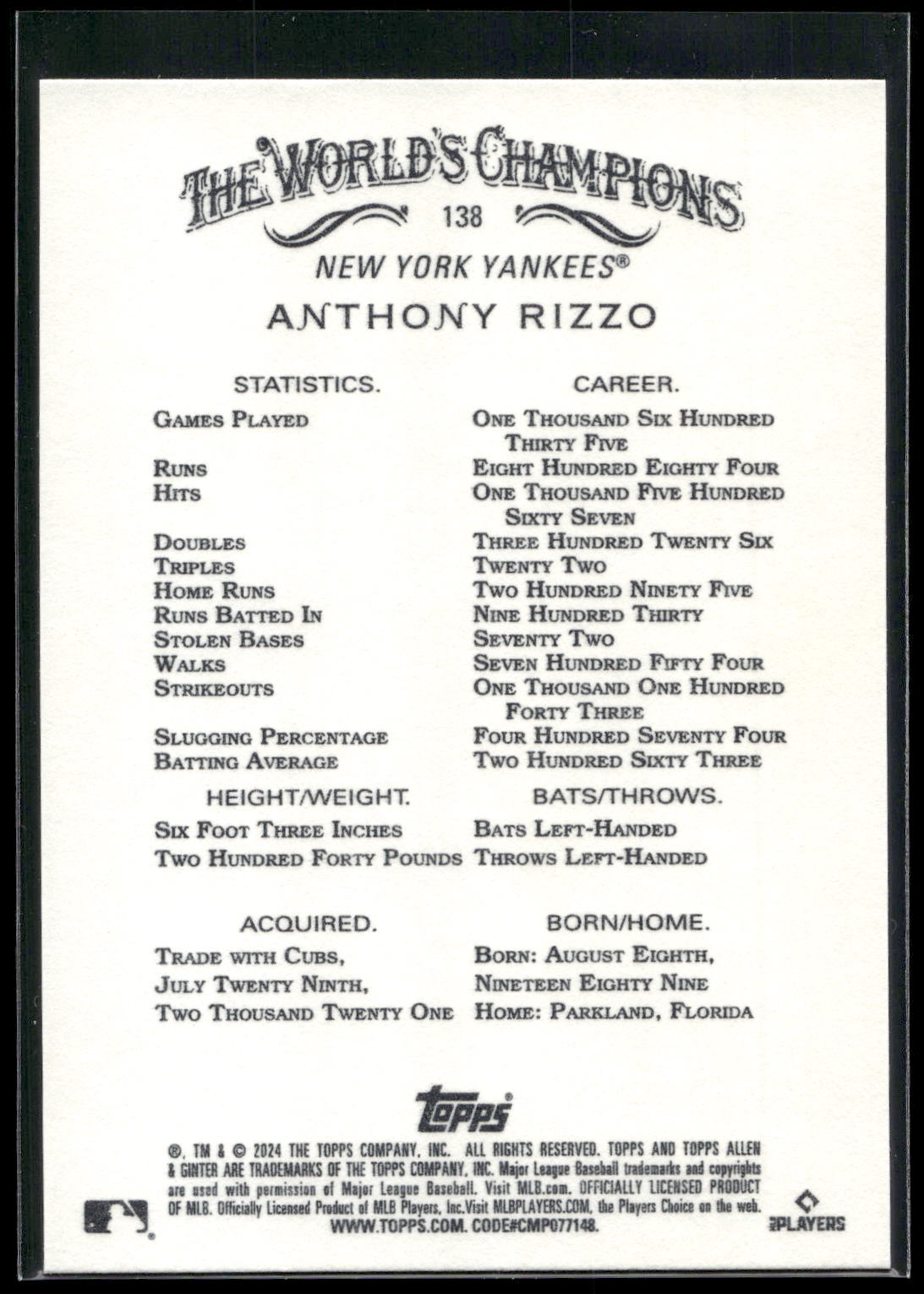2024 Topps Allen & Ginter #138 Anthony Rizzo
