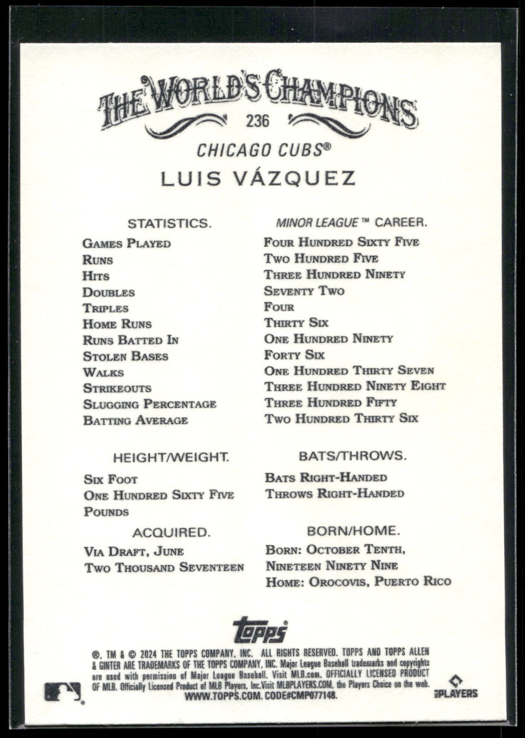 2024 Topps Allen & Ginter #236 Luis Vazquez