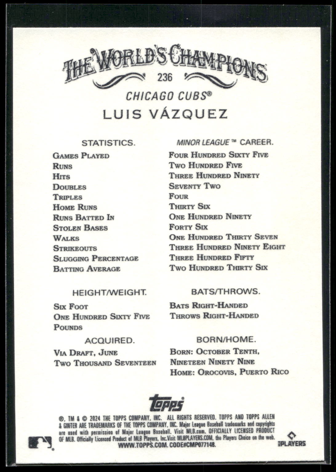 2024 Topps Allen & Ginter #236 Luis Vazquez
