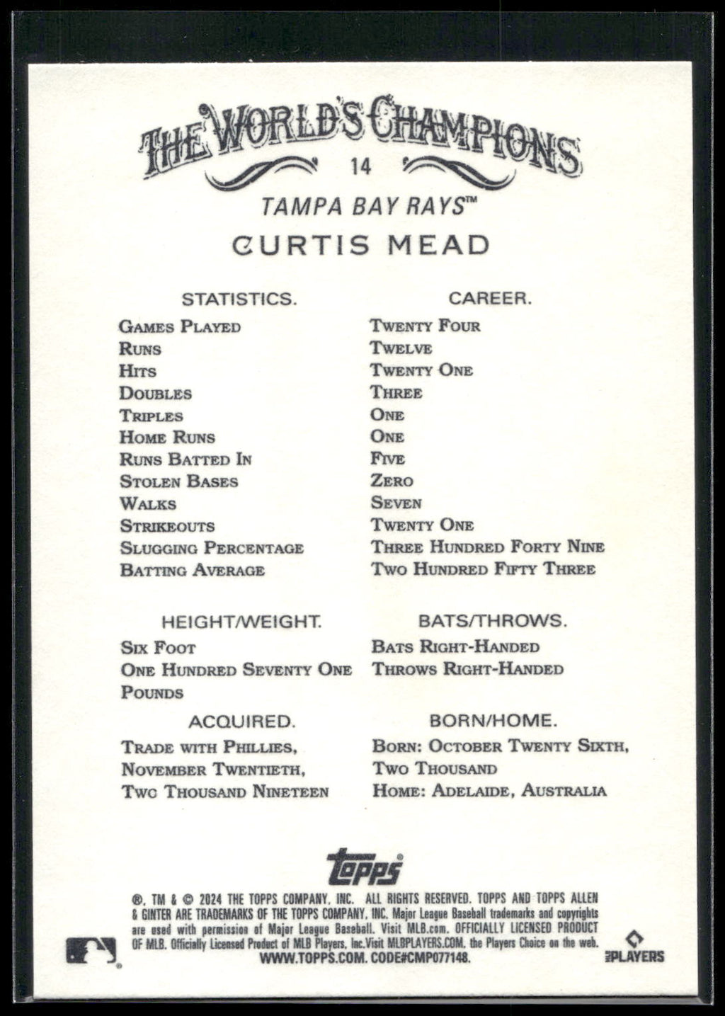 2024 Topps Allen & Ginter #14 Curtis Mead