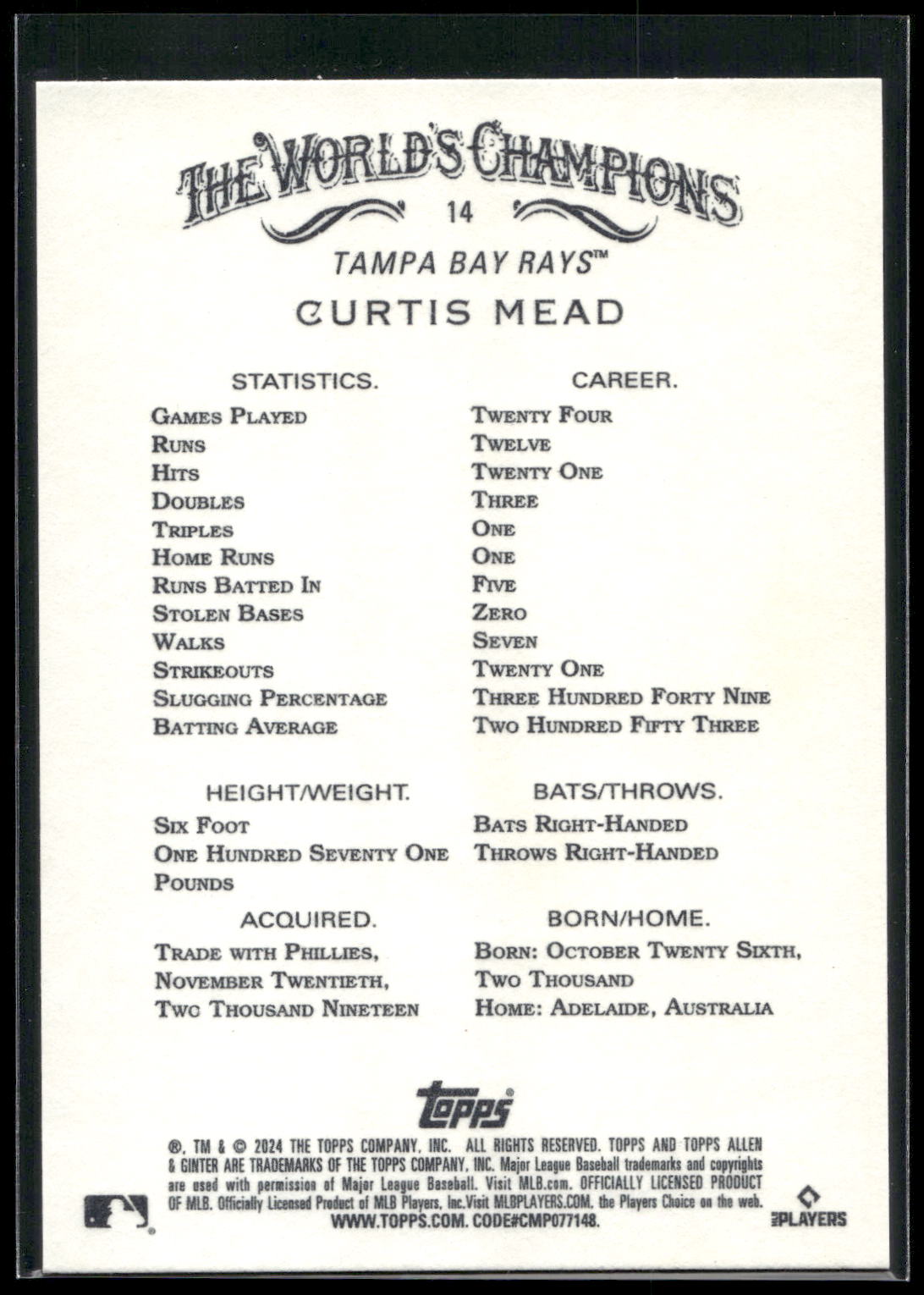 2024 Topps Allen & Ginter #14 Curtis Mead