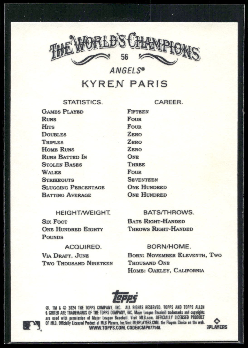 2024 Topps Allen & Ginter #56 Kyren Paris