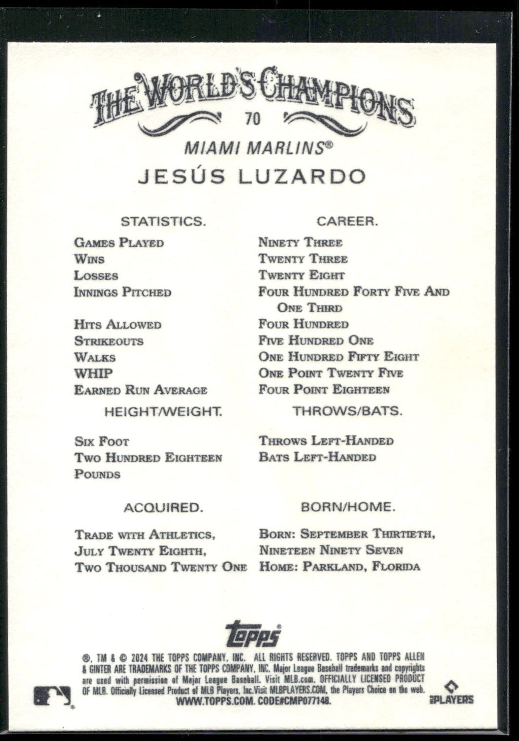 2024 Topps Allen & Ginter #70 Jesús Luzardo