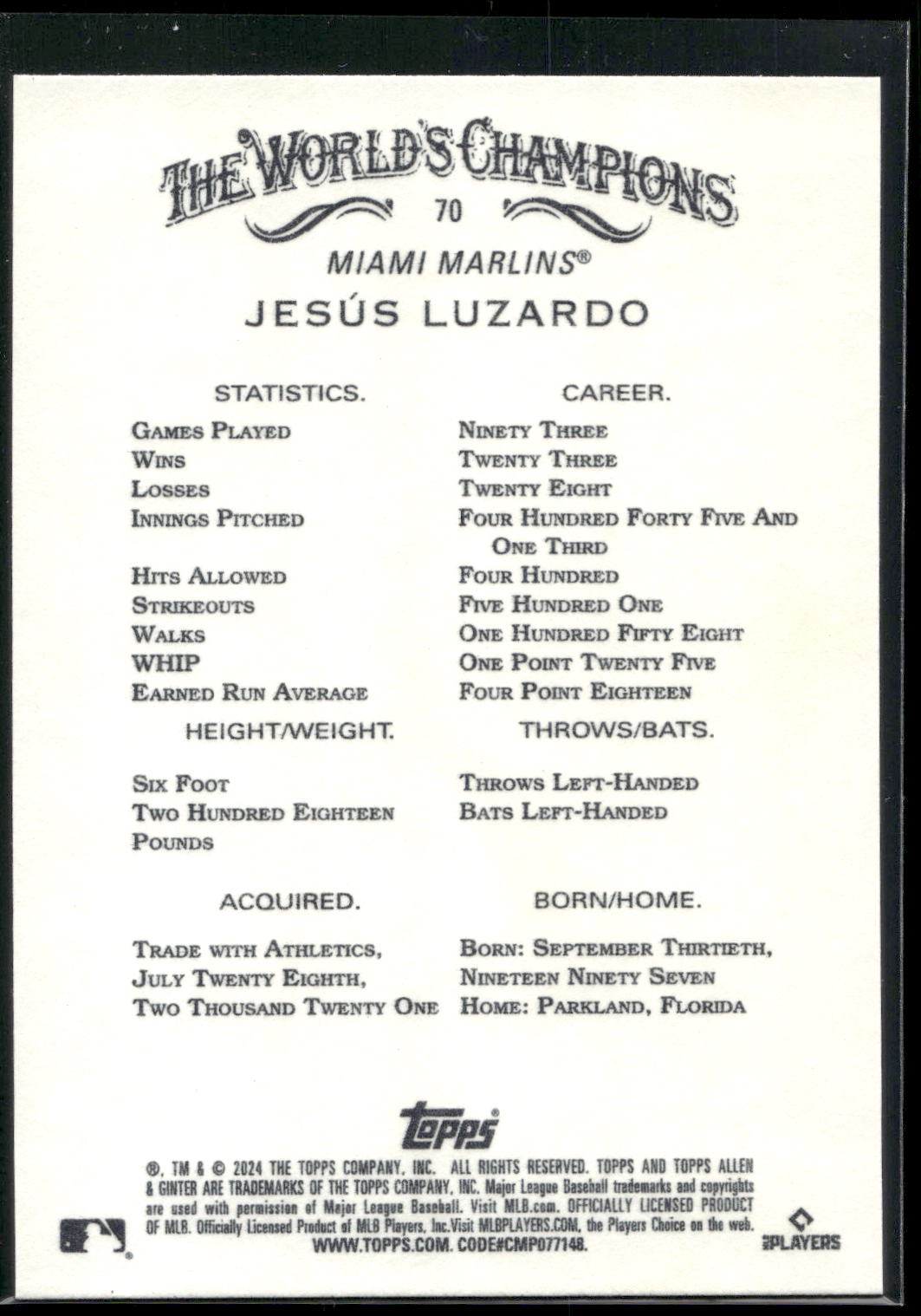 2024 Topps Allen & Ginter #70 Jesús Luzardo
