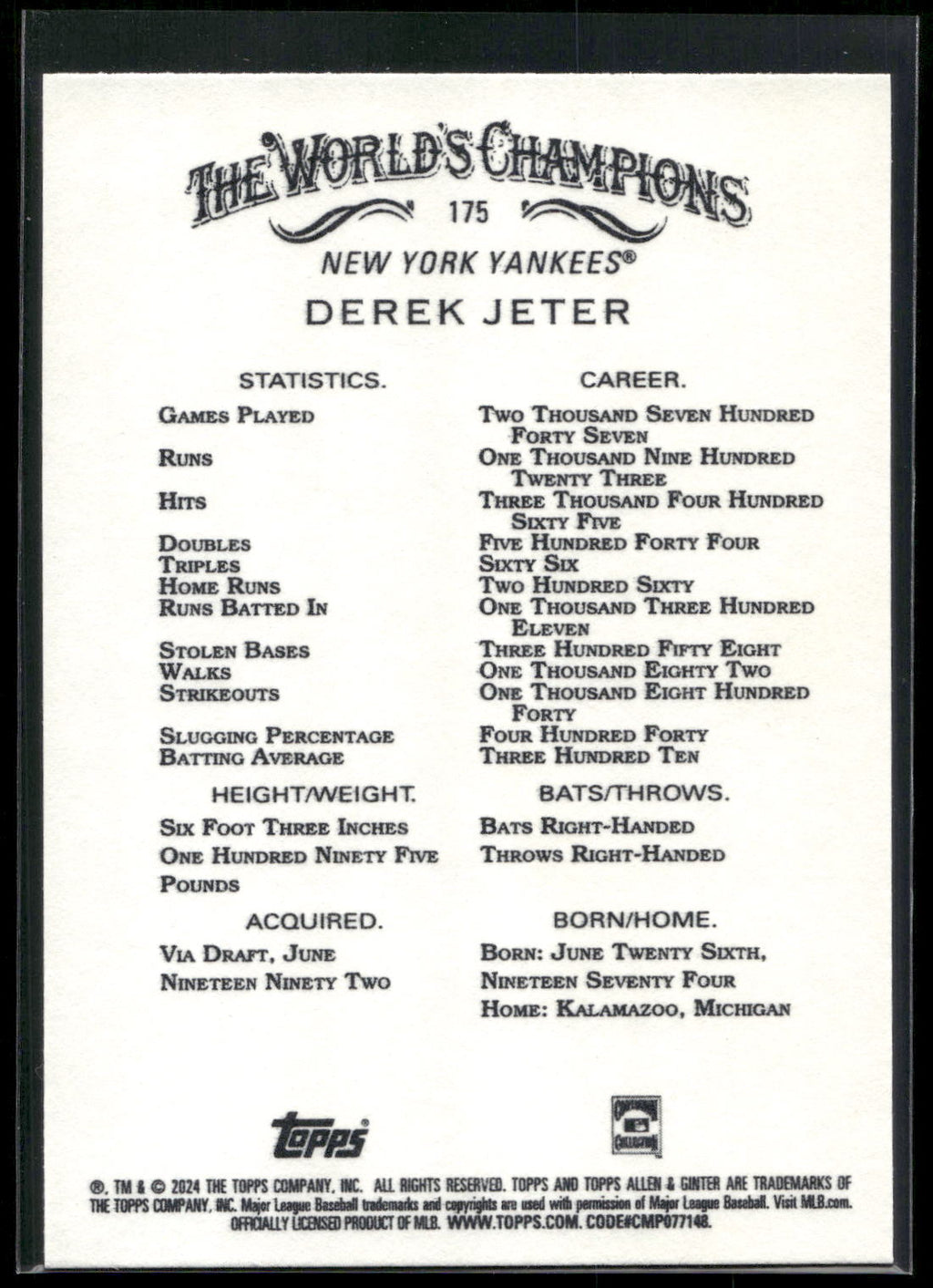 2024 Topps Allen & Ginter #175 Derek Jeter