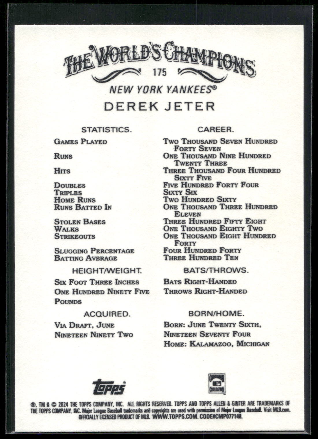 2024 Topps Allen & Ginter #175 Derek Jeter