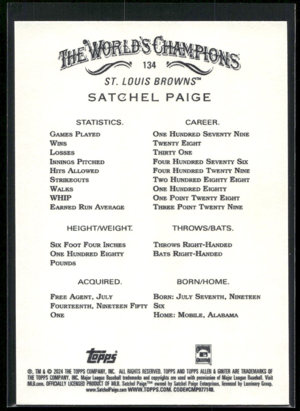 2024 Topps Allen & Ginter #134 Satchel Paige