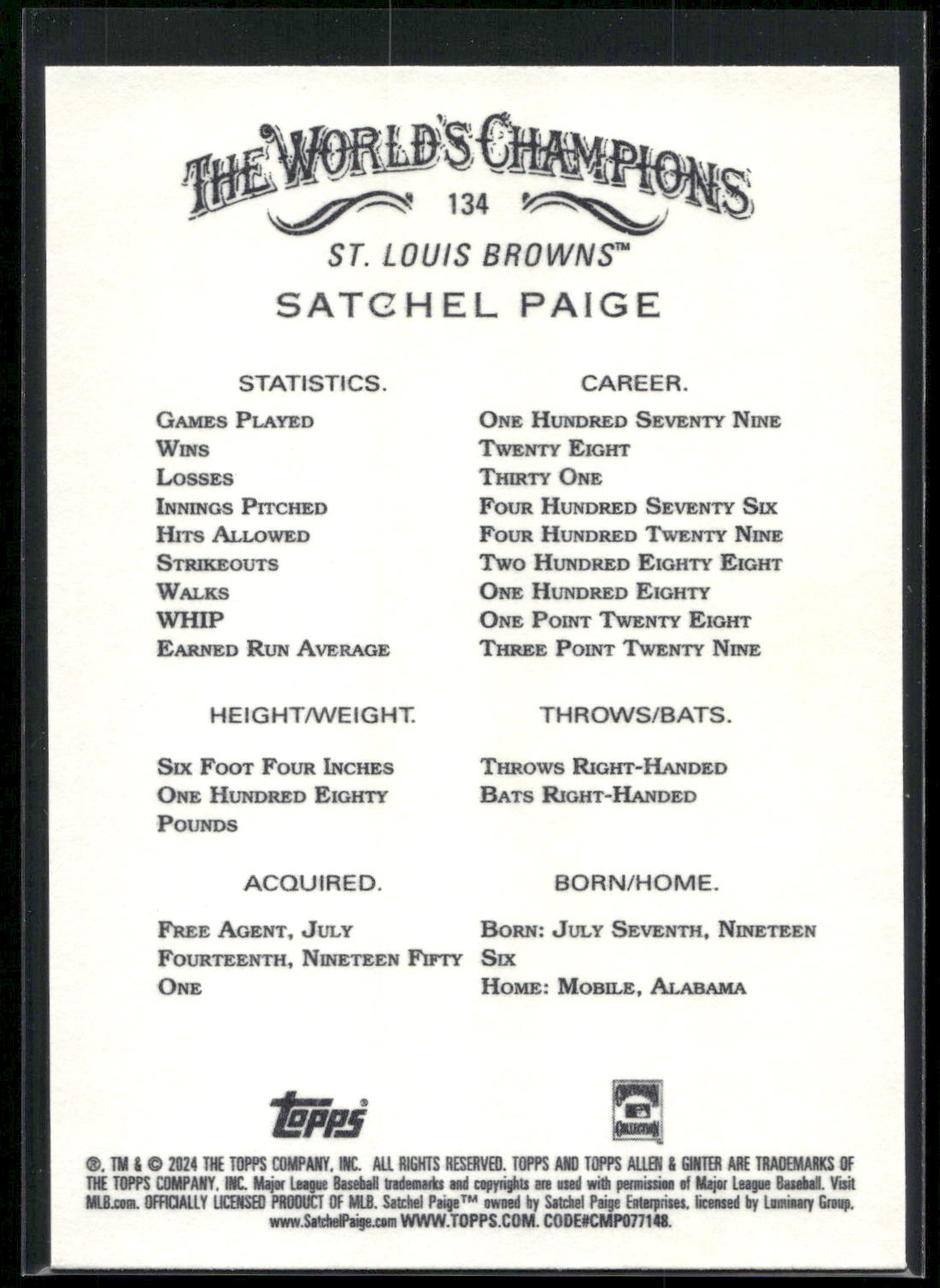 2024 Topps Allen & Ginter #134 Satchel Paige