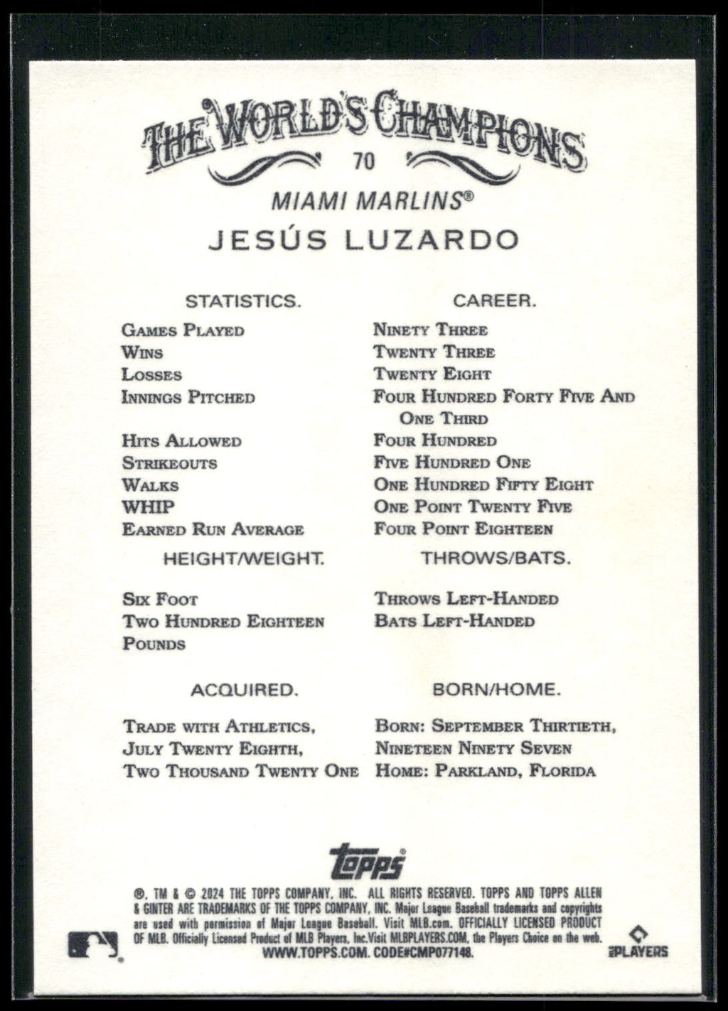 2024 Topps Allen & Ginter #70 Jesús Luzardo