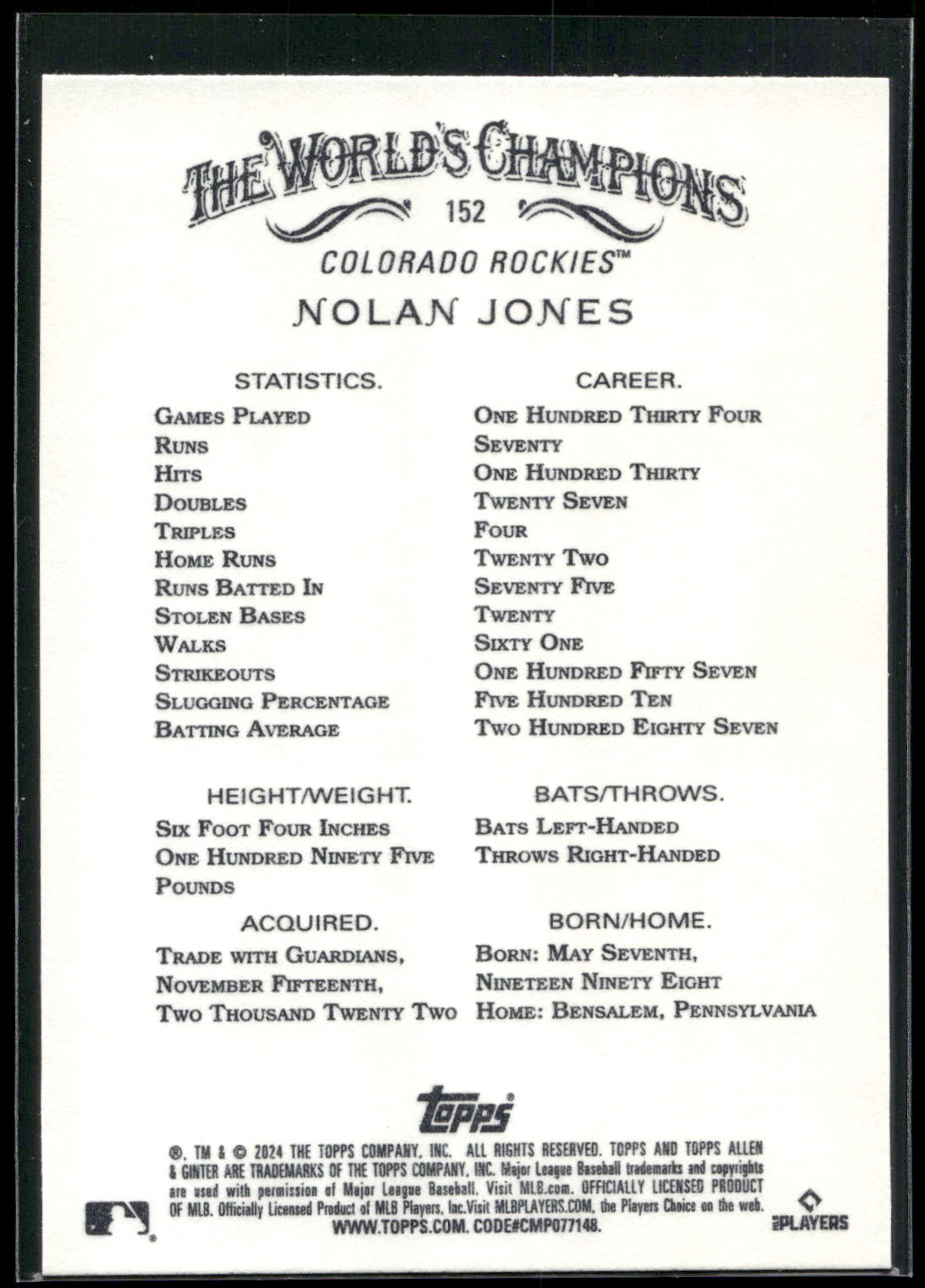 2024 Topps Allen & Ginter #152 Nolan Jones