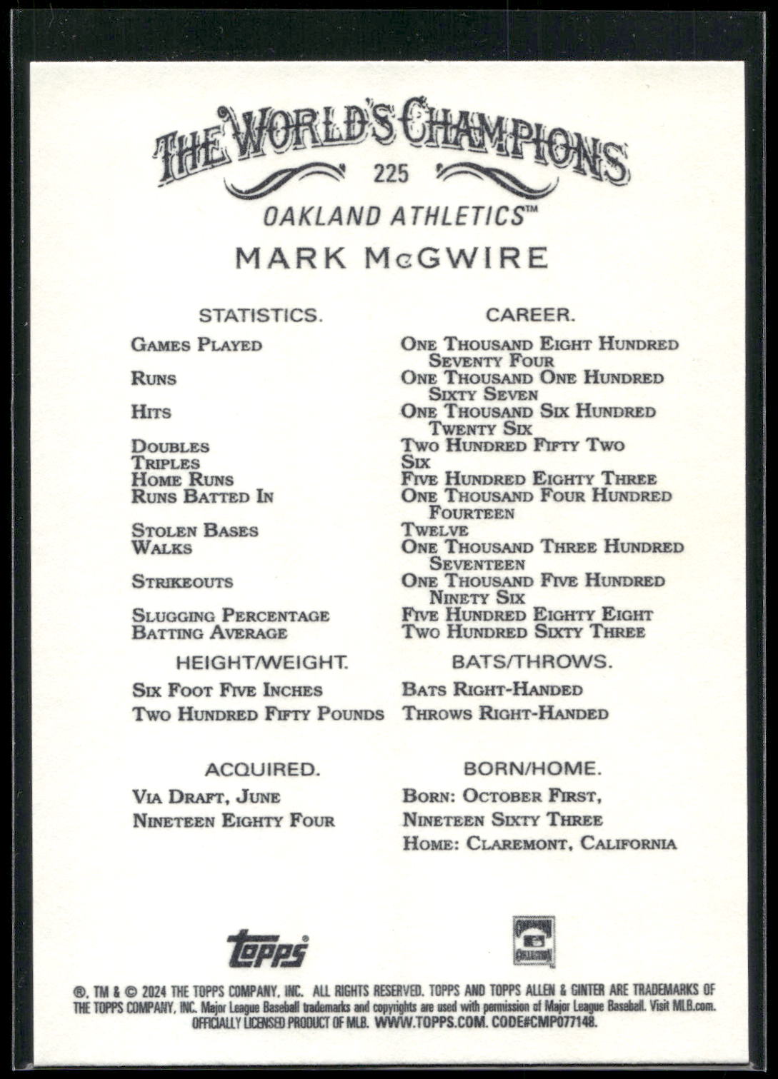 2024 Topps Allen & Ginter #225 Mark McGwire