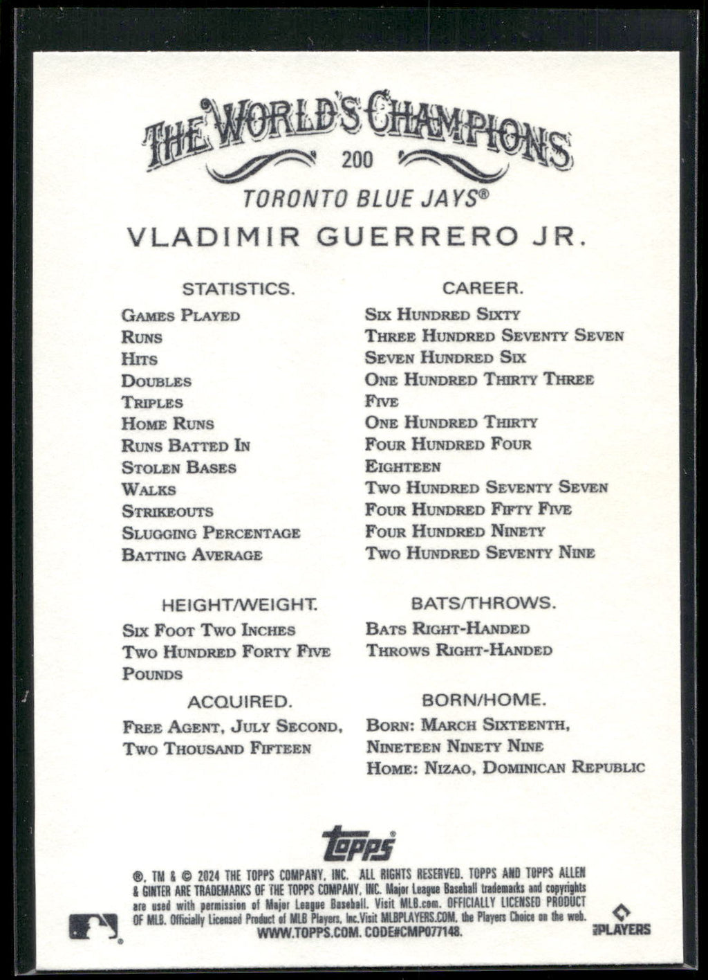 2024 Topps Allen & Ginter #200 Vladimir Guerrero Jr.