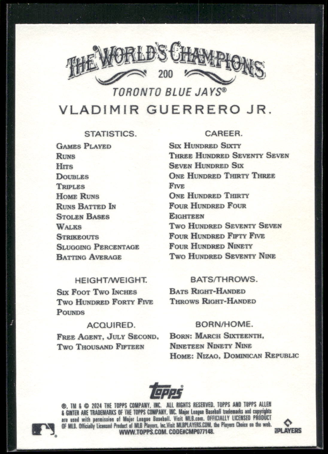 2024 Topps Allen & Ginter #200 Vladimir Guerrero Jr.