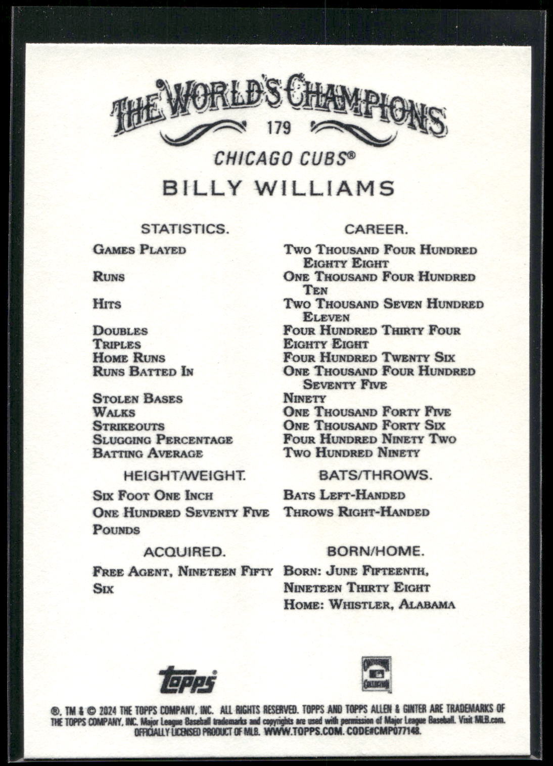 2024 Topps Allen & Ginter #179 Billy Williams