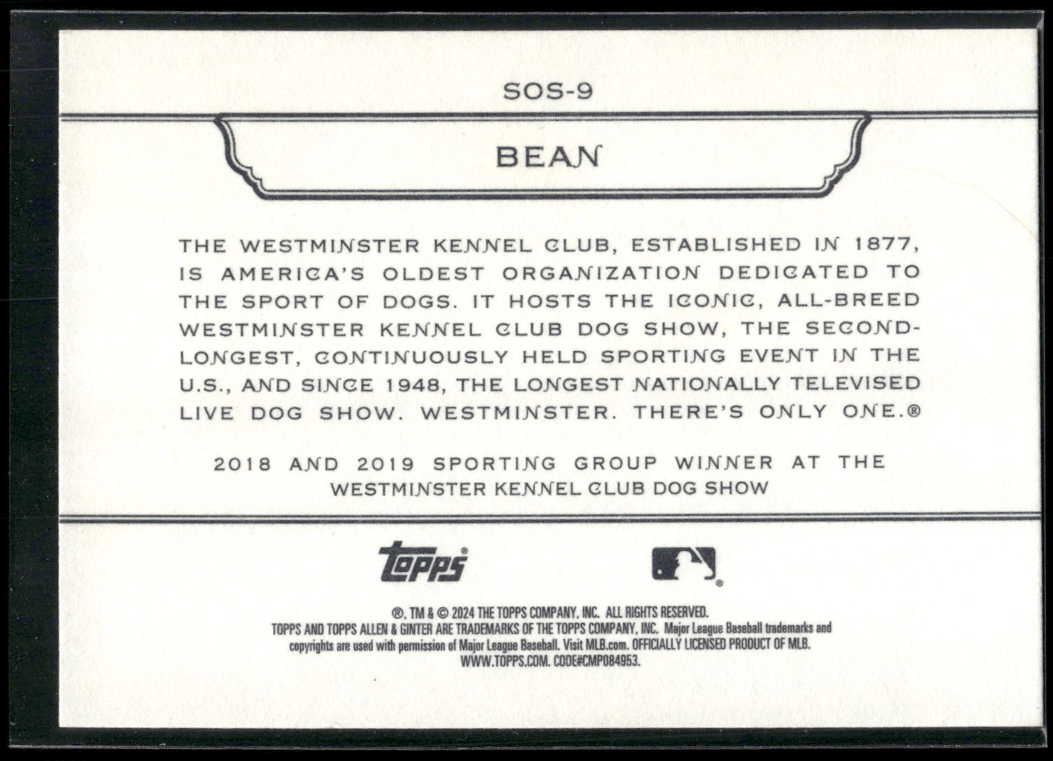2024 Topps Allen & Ginter #SOS-9 Bean Stars of the Show Westminster Kennel Club