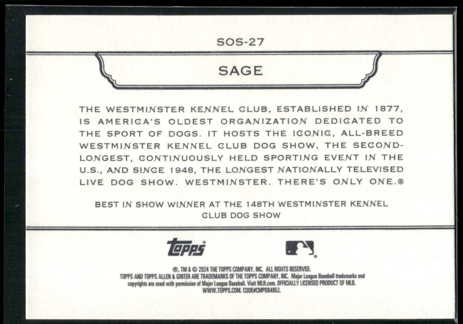 2024 Topps Allen & Ginter #SOS-27 Sage Stars of the Show Westminster Kennel Club