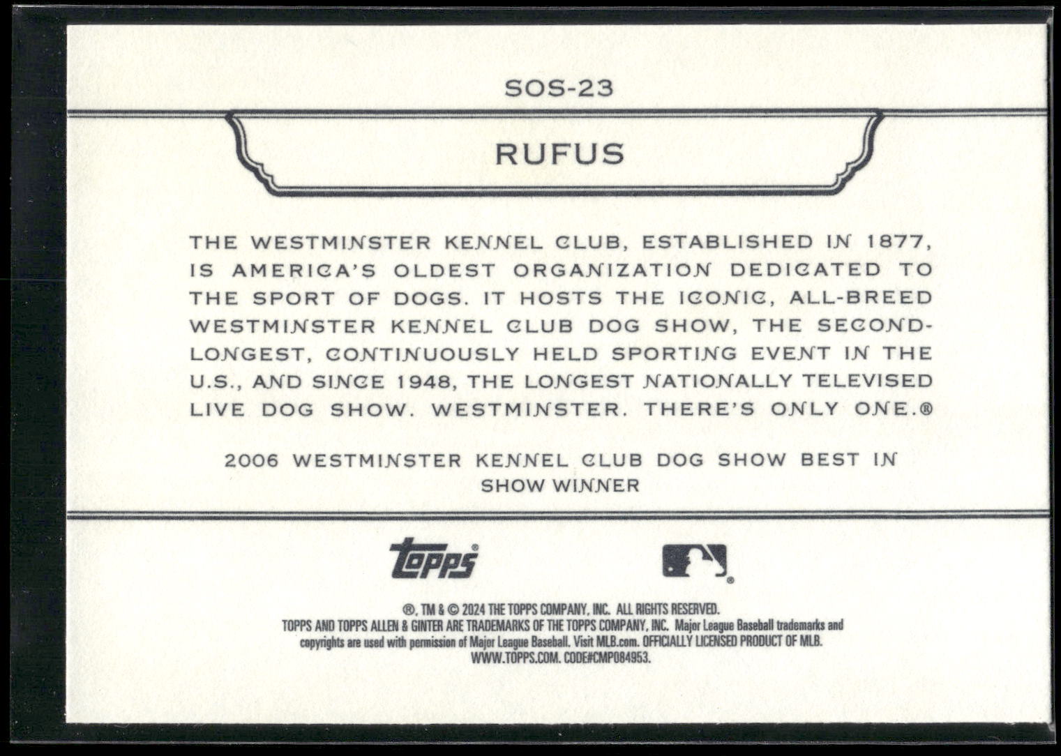 2024 Topps Allen & Ginter #SOS-23 Rufus Stars of Show Westminster Kennel Club