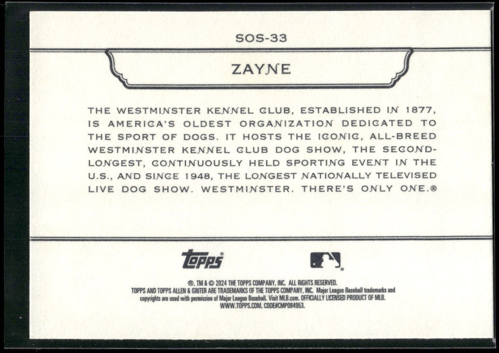 2024 Topps Allen & Ginter #SOS-33 Zayne Stars of Show Westminster Kennel Club