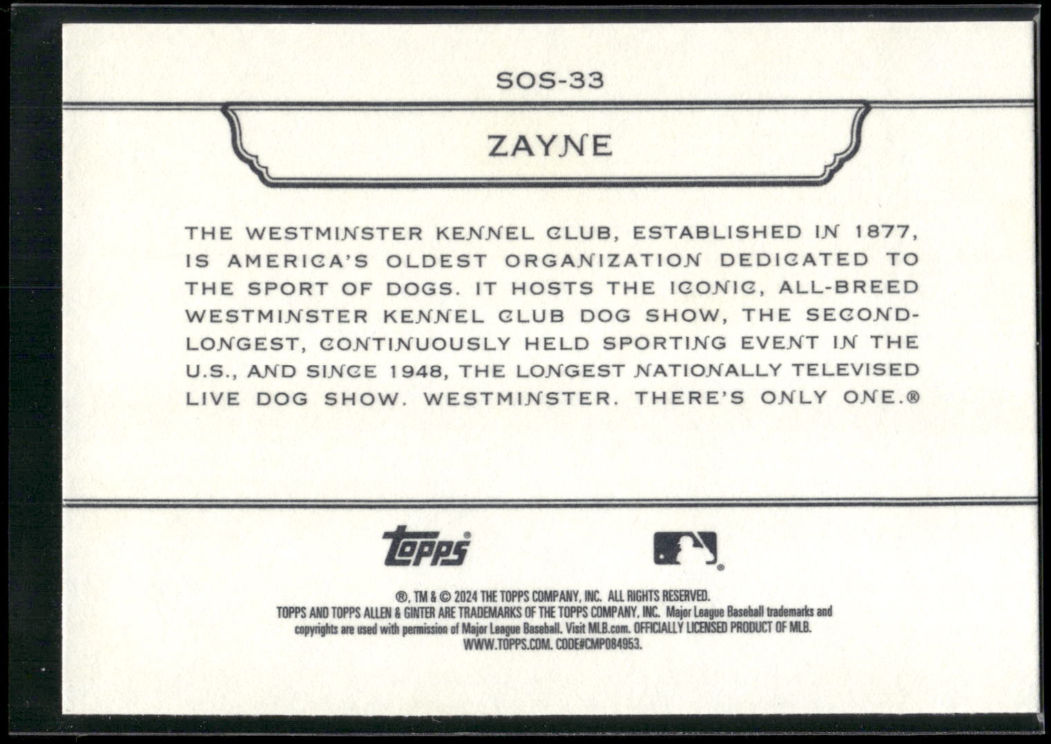 2024 Topps Allen & Ginter #SOS-33 Zayne Stars of Show Westminster Kennel Club