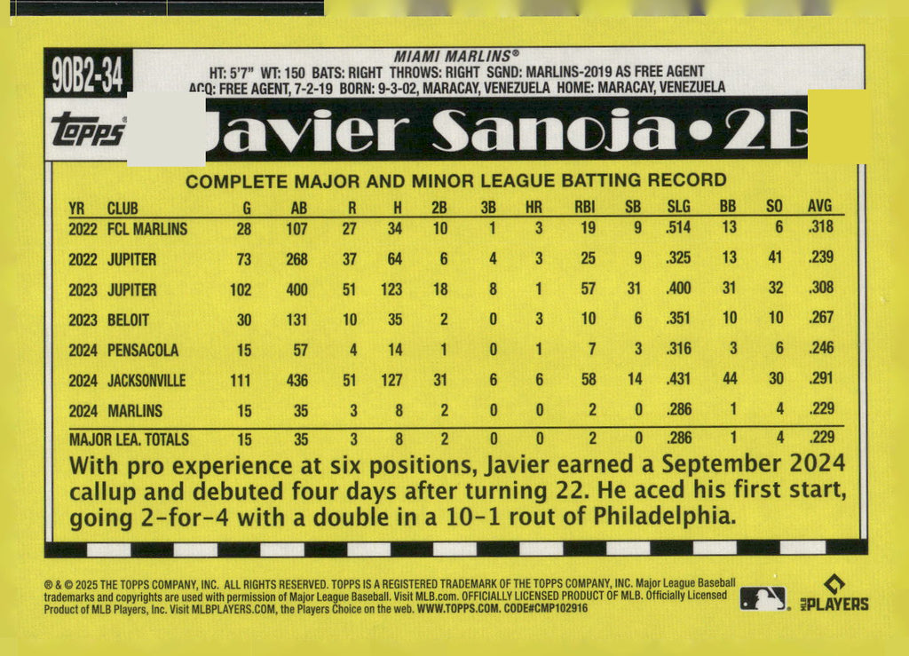 2025 Topps #90B2-34 Javier Sanoja
