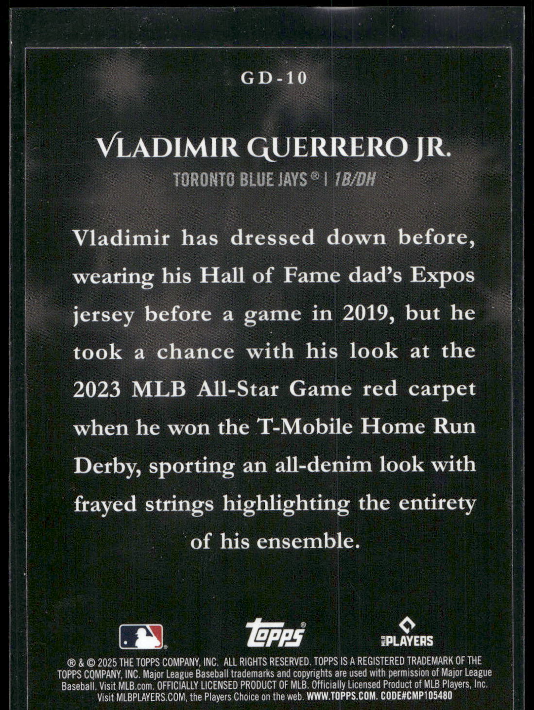 2025 Topps #GD-10 Vladimir Guerrero Jr. Gameday Drip