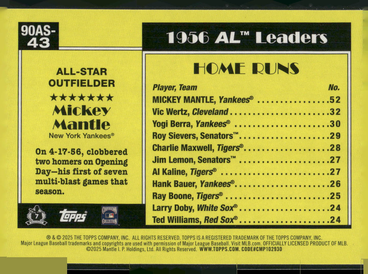 2025 Topps #90AS-43b Mickey Mantle 1990 Topps Baseball 35th