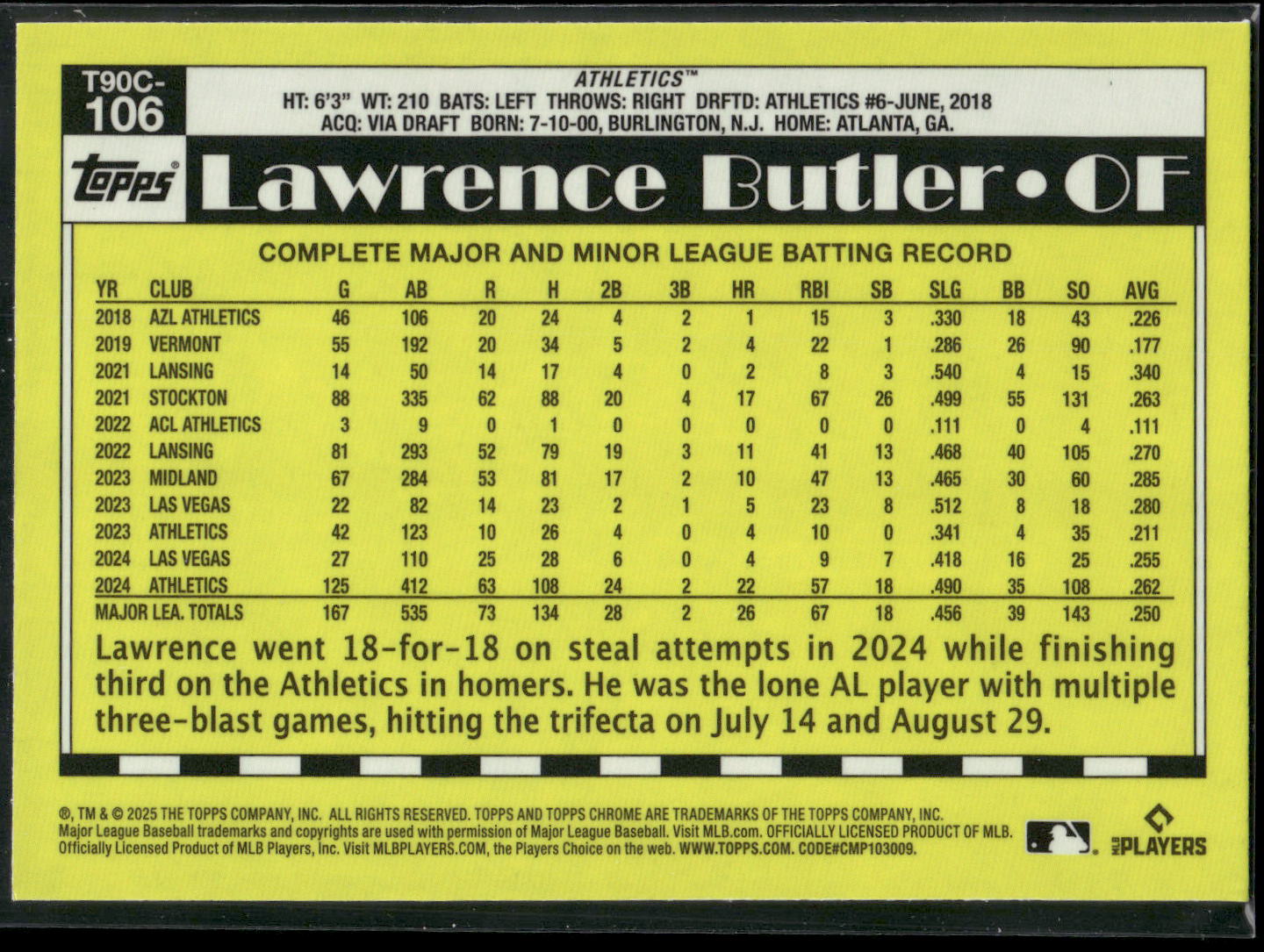 2025 Topps #T90C-106 Lawrence Butler 1990 Topps Baseball 35th Chrome