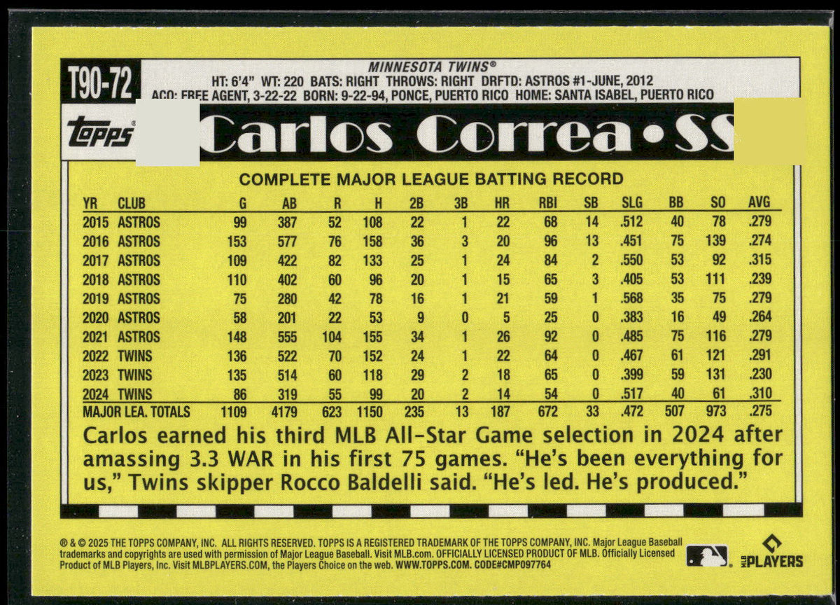 2025 Topps #T90-72 Carlos Correa 1990 Topps Baseball 35th