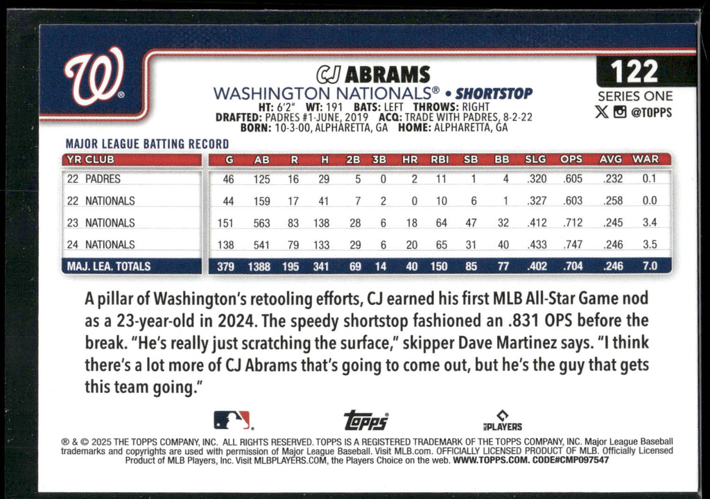 2025 Topps #122 CJ Abrams Rainbow Foil