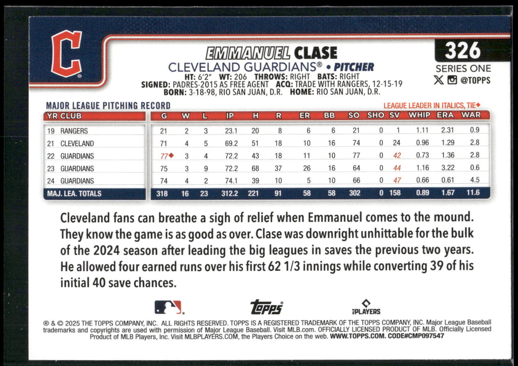 2025 Topps #326 Emmanuel Clase Rainbow Foil