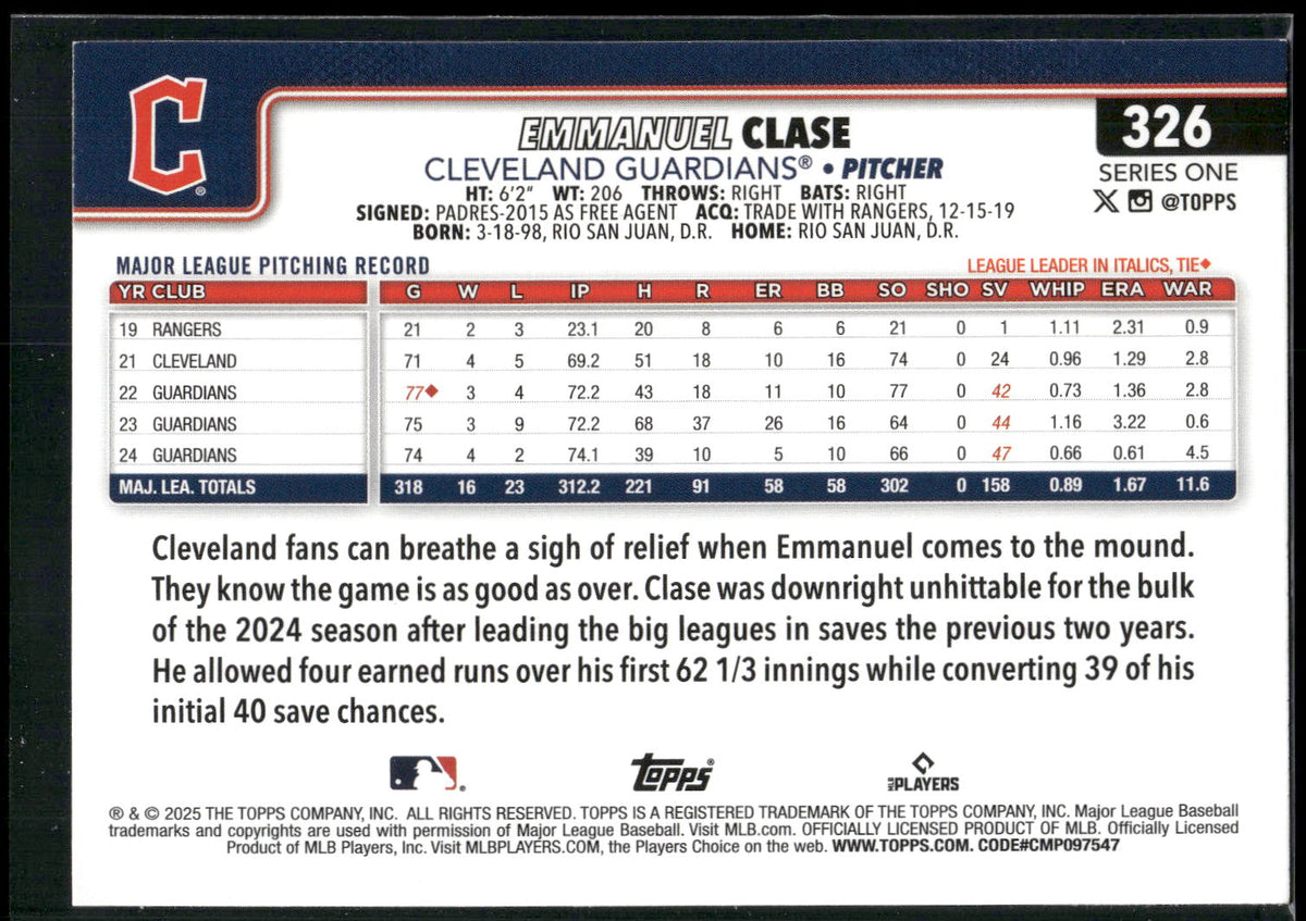 2025 Topps #326 Emmanuel Clase Rainbow Foil
