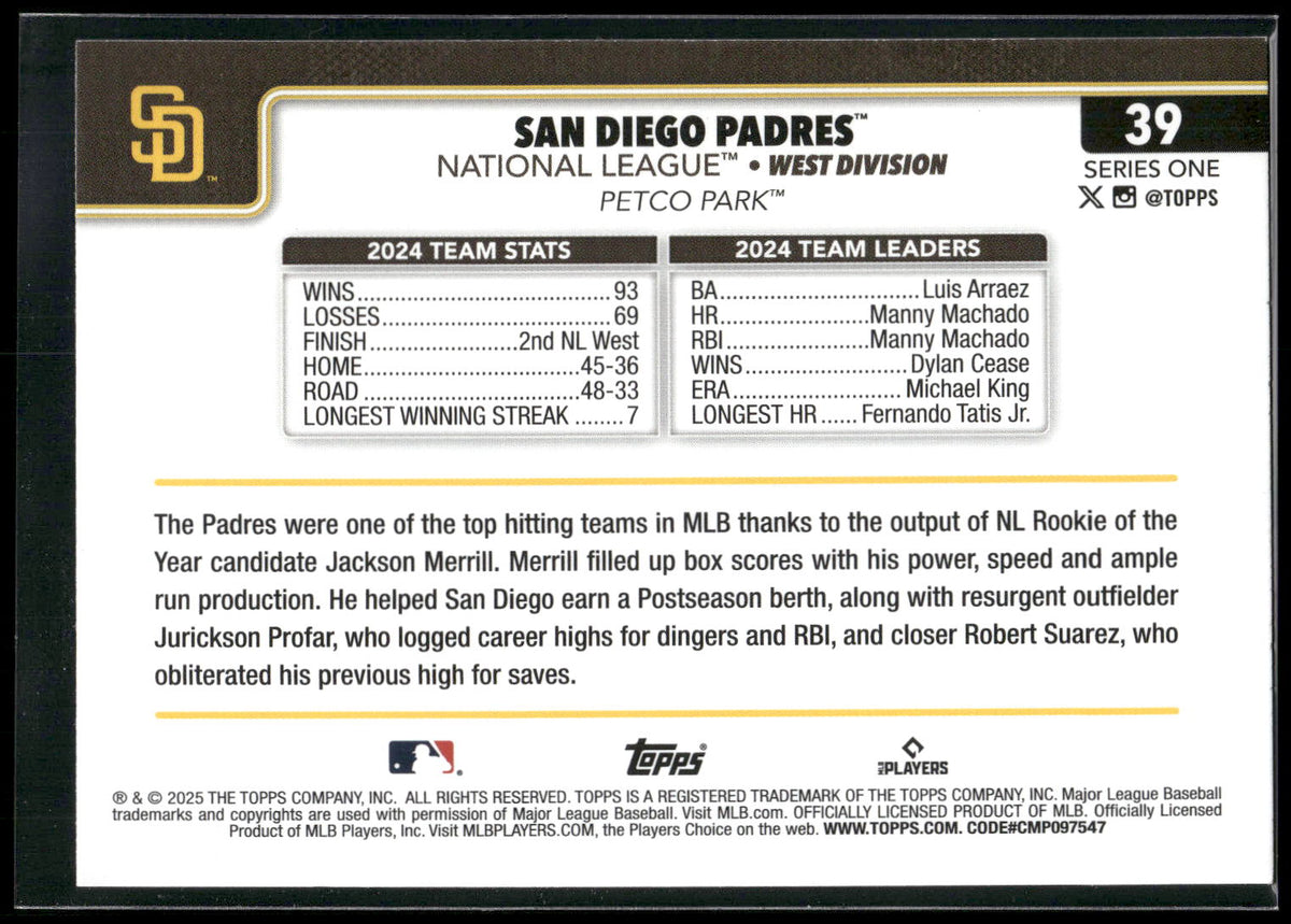 2025 Topps #39 San Diego Padres Rainbow Foil