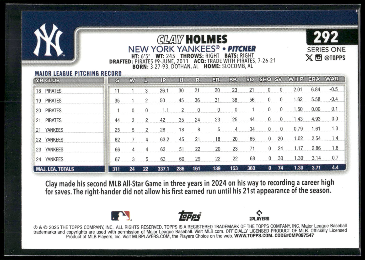 2025 Topps #292 Clay Holmes Rainbow Foil