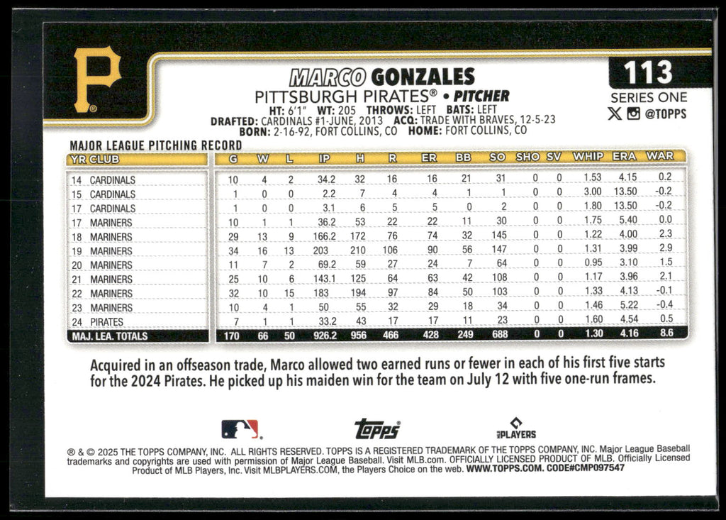 2025 Topps #113 Marco Gonzales Rainbow Foil