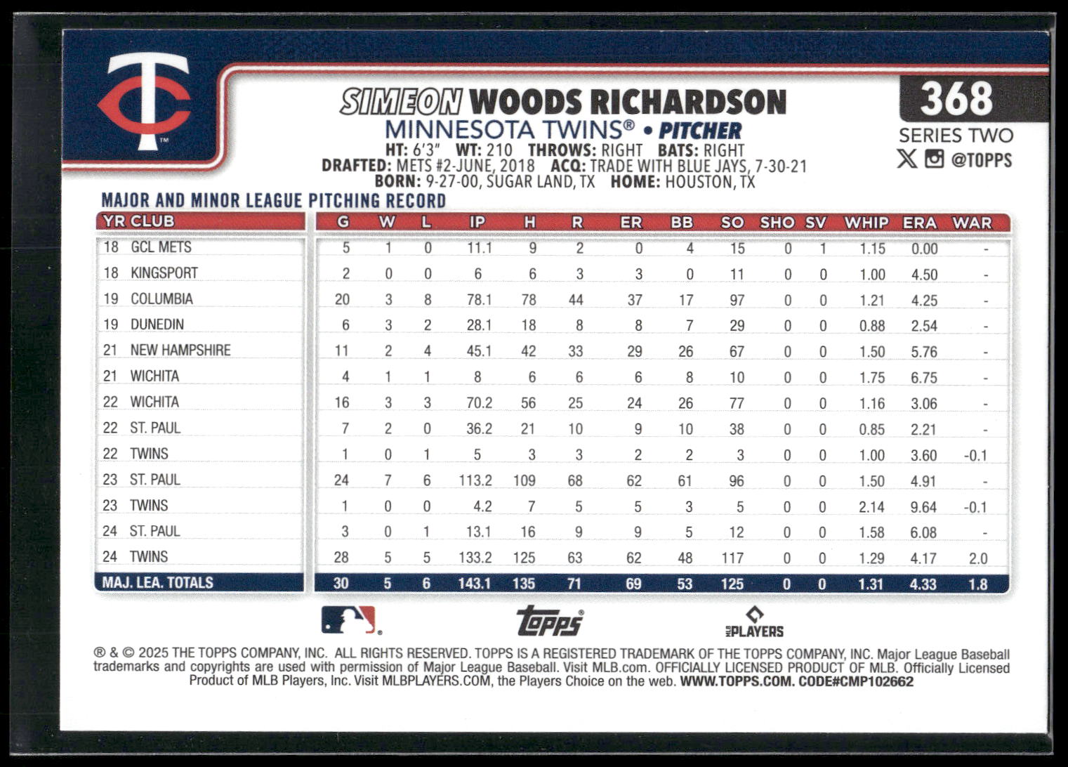 2025 Topps #368 Simeon Woods Richardson Rainbow Foil