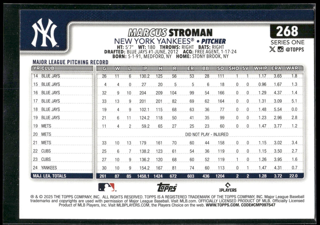 2025 Topps #268 Marcus Stroman Rainbow Foil