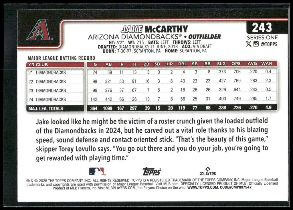 2025 Topps #243 Jake McCarthy Rainbow Foil