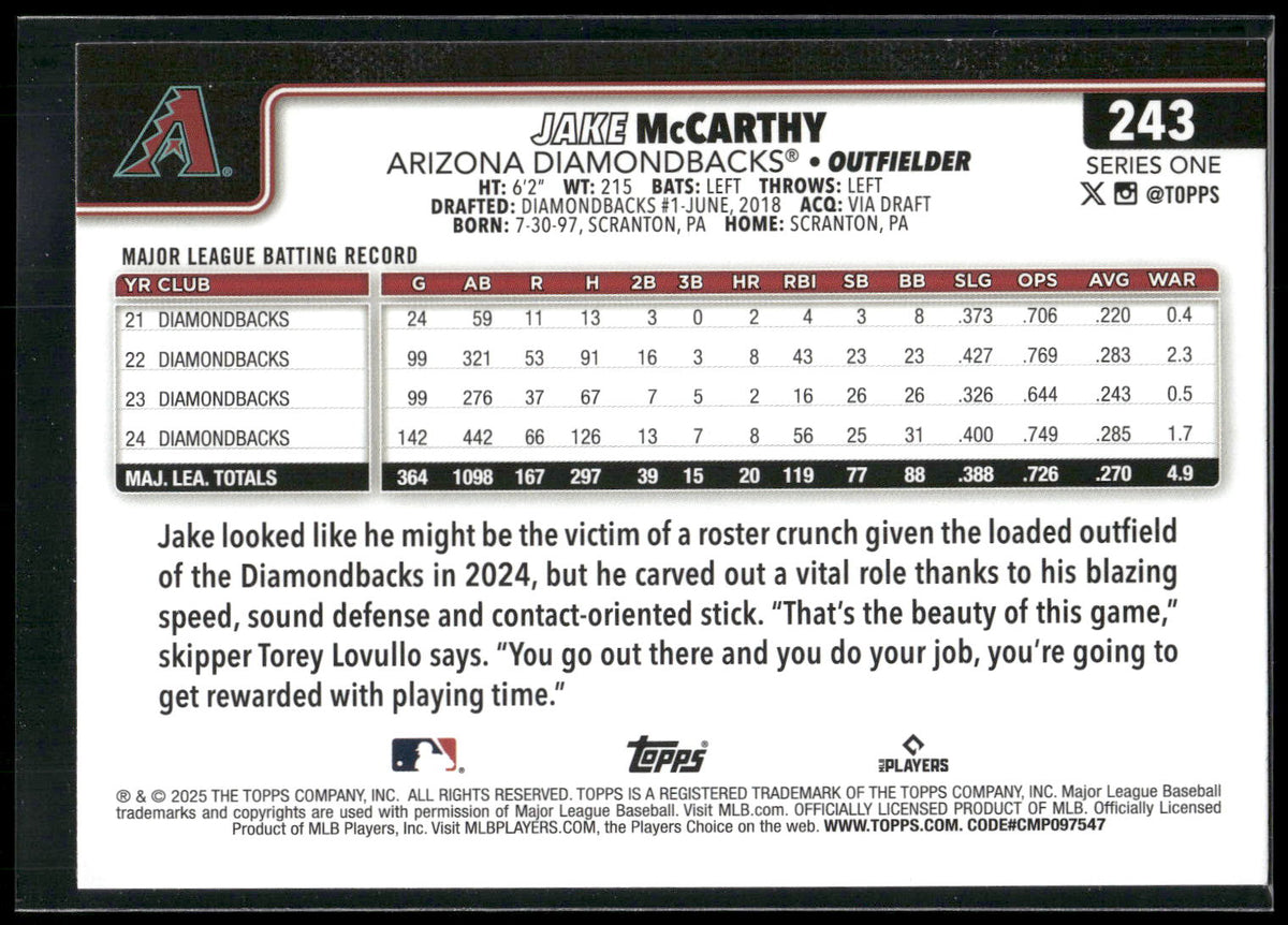 2025 Topps #243 Jake McCarthy Rainbow Foil