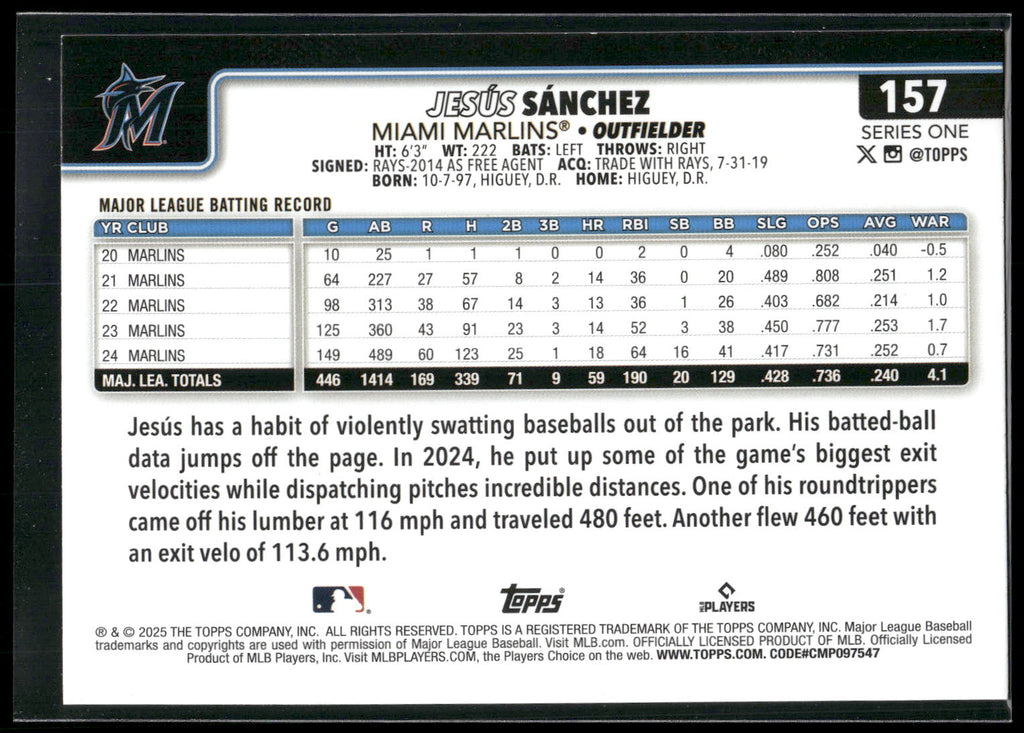 2025 Topps #157 Jesús Sánchez Rainbow Foil