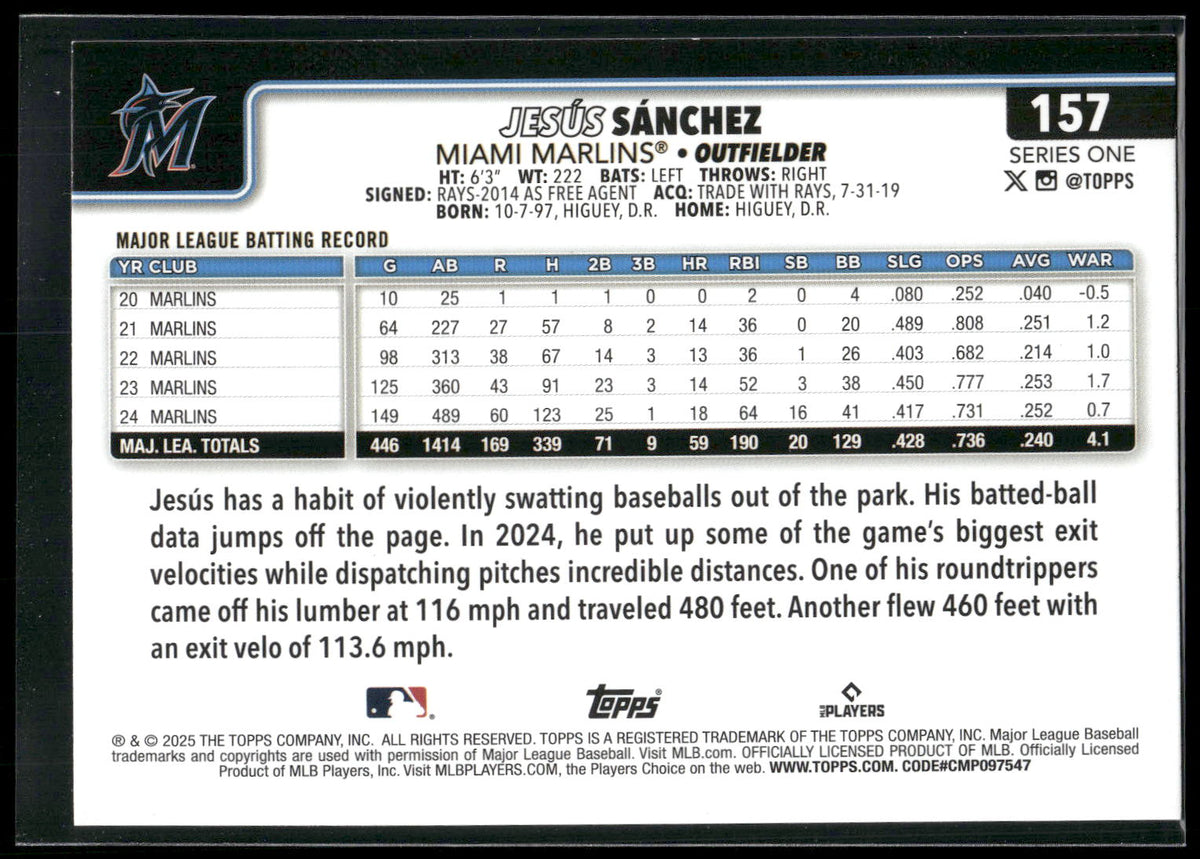 2025 Topps #157 Jesús Sánchez Rainbow Foil