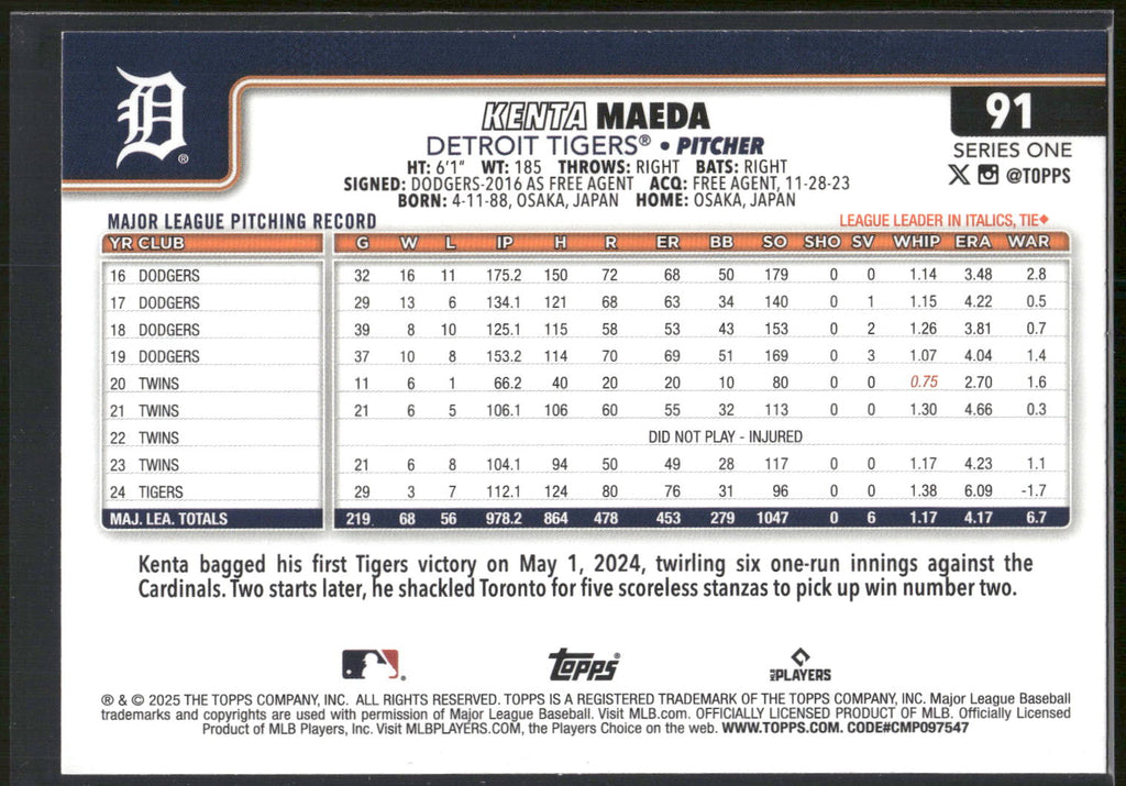 2025 Topps #91 Kenta Maeda Sandglitter