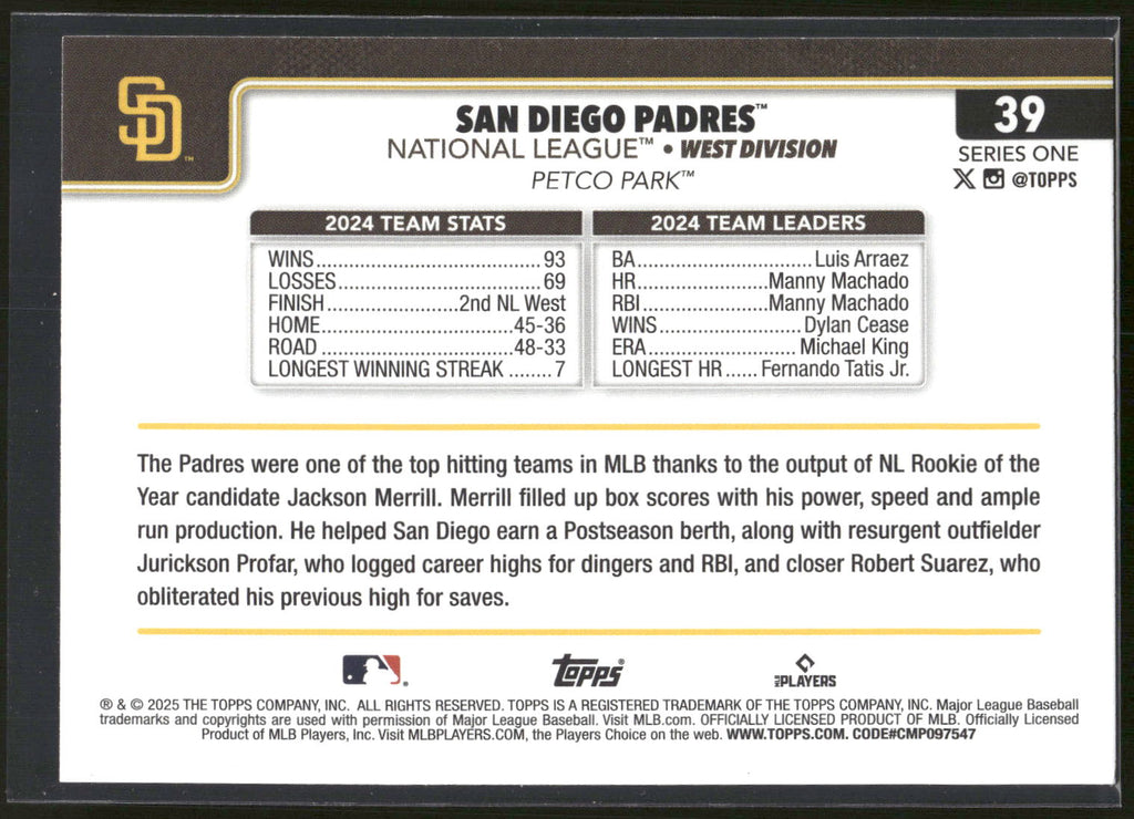 2025 Topps #39 San Diego Padres Holiday
