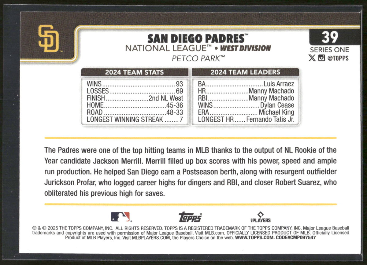 2025 Topps #39 San Diego Padres Holiday