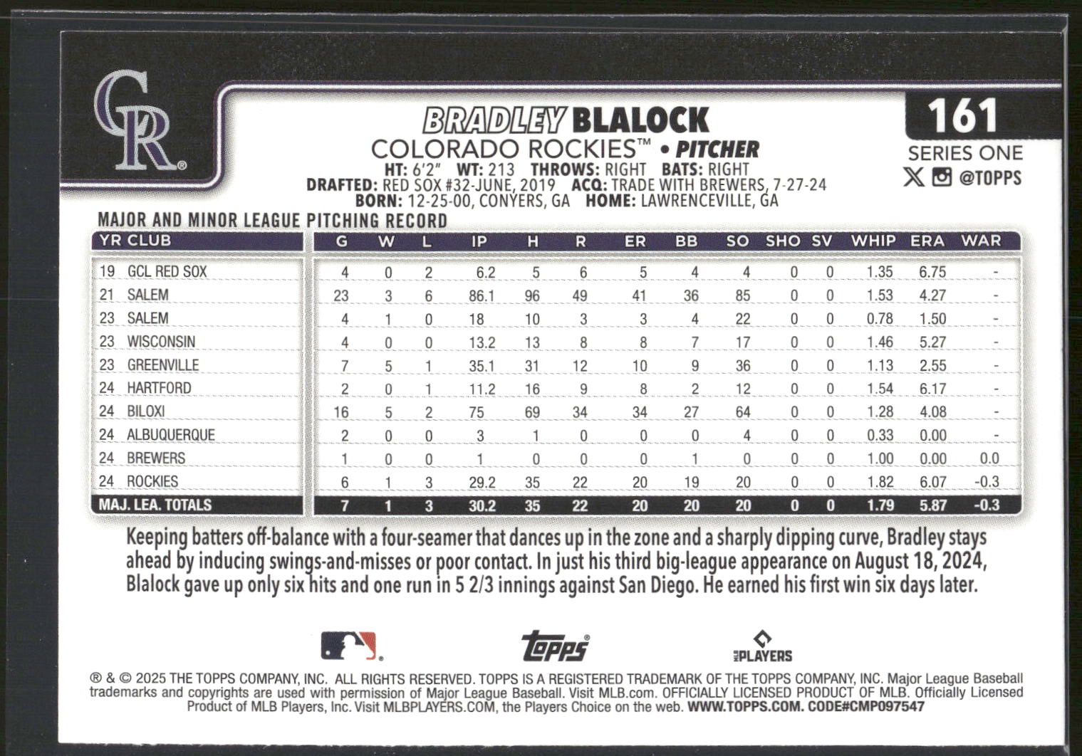 2025 Topps #161 Bradley Blalock Holiday